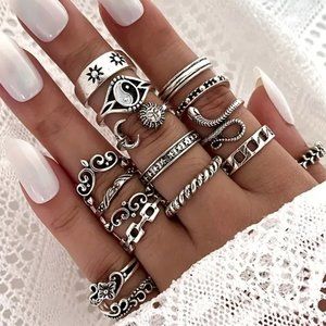 16 pc Set Finger Rings Silver Boho Hippie Snake Sun Moon Tai Chi Ying Stackable